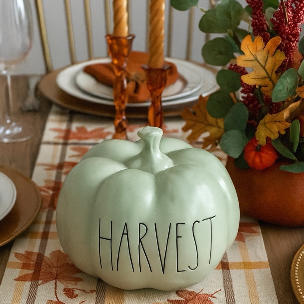 Rae Dunn Harvest Pumpkin Sage Green Decor Fall Table Centerpiece Ceramic 7”in